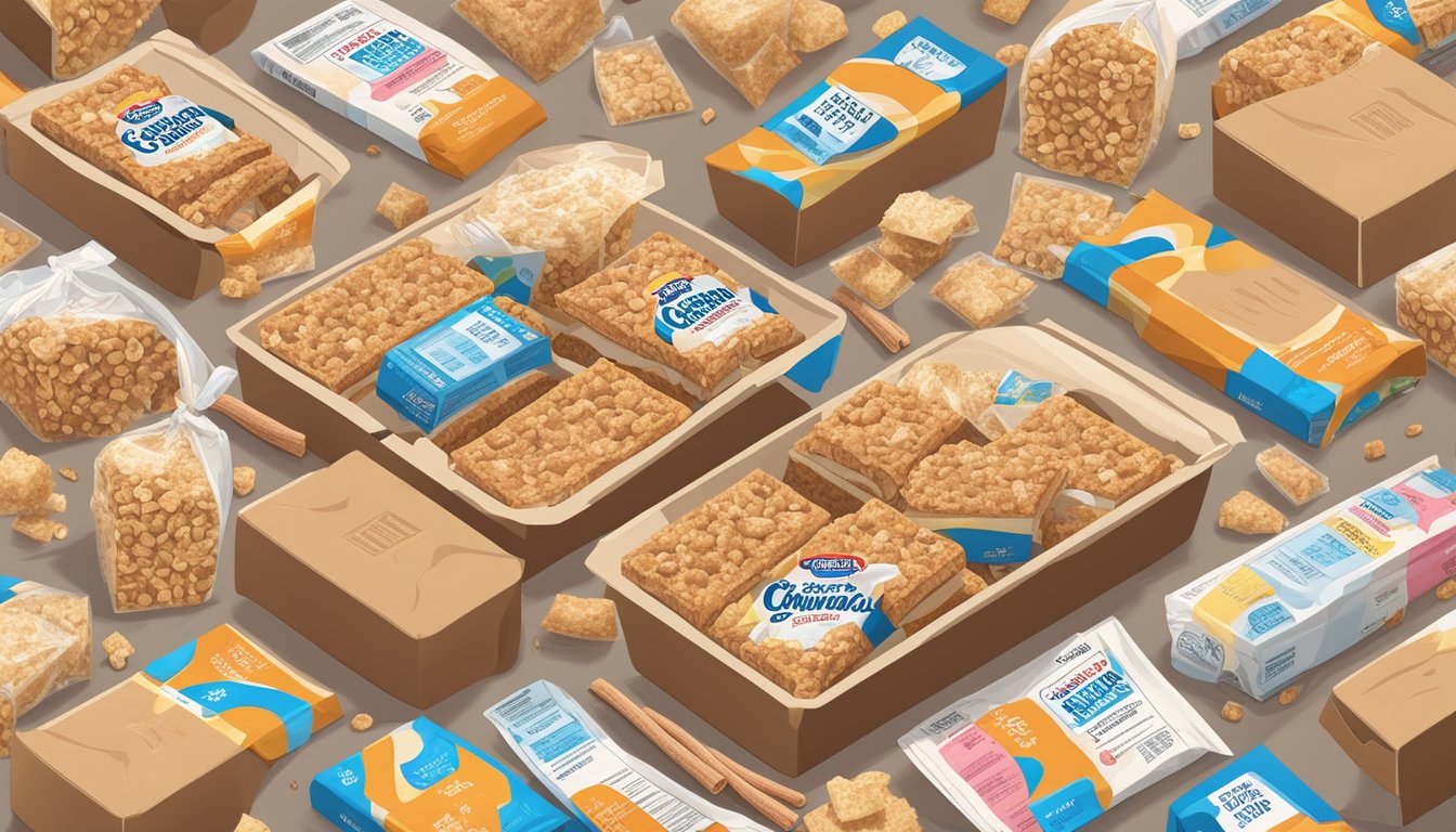 A box of Cinnamon Toast Crunch bars surrounded by scattered nutrition facts and ingredients