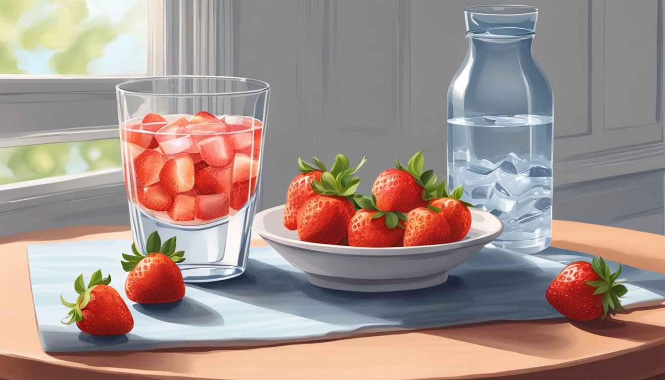 A table with a plate of Kashi strawberry bars, surrounded by fresh strawberries and a glass of water