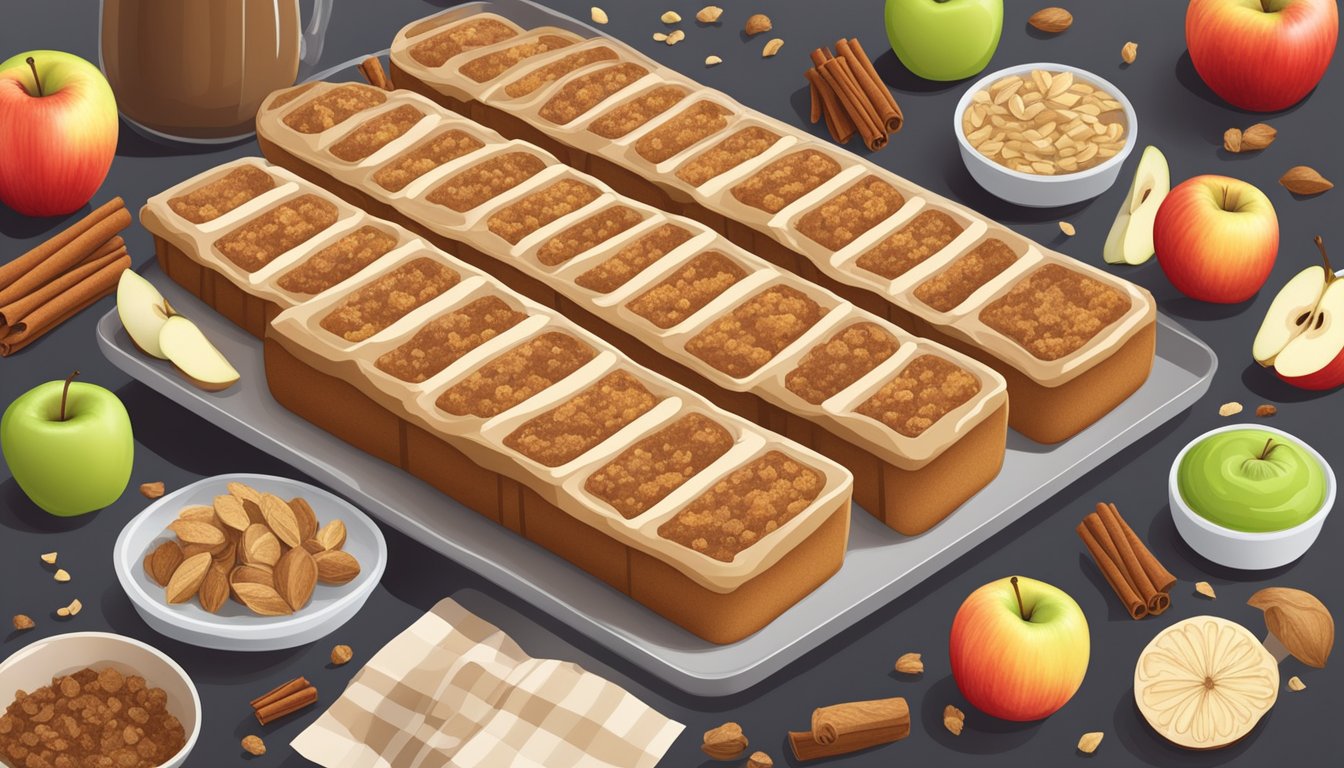 A table with scattered apple cinnamon bars, surrounded by various ingredients and nutrition labels