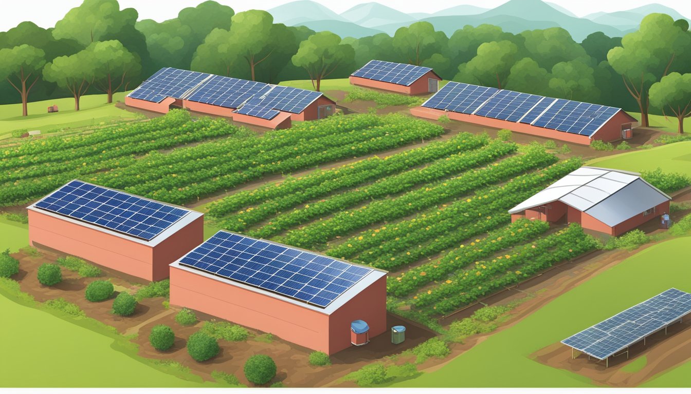 A lush strawberry farm with solar panels, recycling bins, and composting area