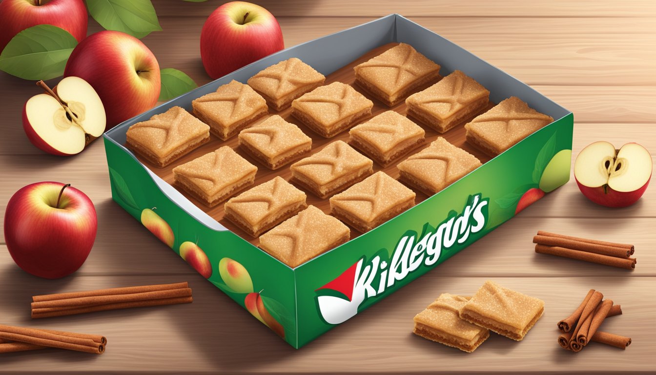 A colorful box of Kellogg's apple cinnamon bars surrounded by fresh apples and cinnamon sticks on a wooden table