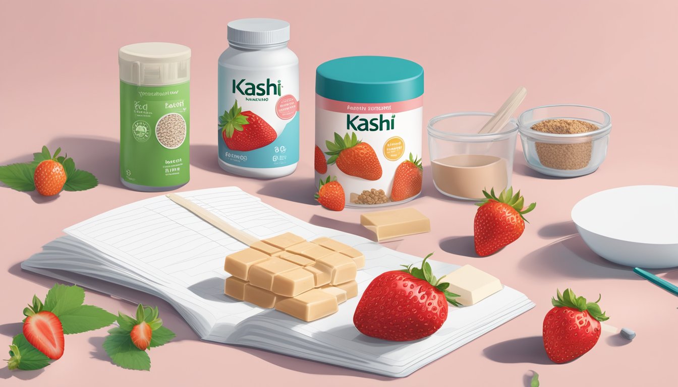 A table with Kashi strawberry bars next to alternative products, surrounded by nutritional labels and a notebook for analysis