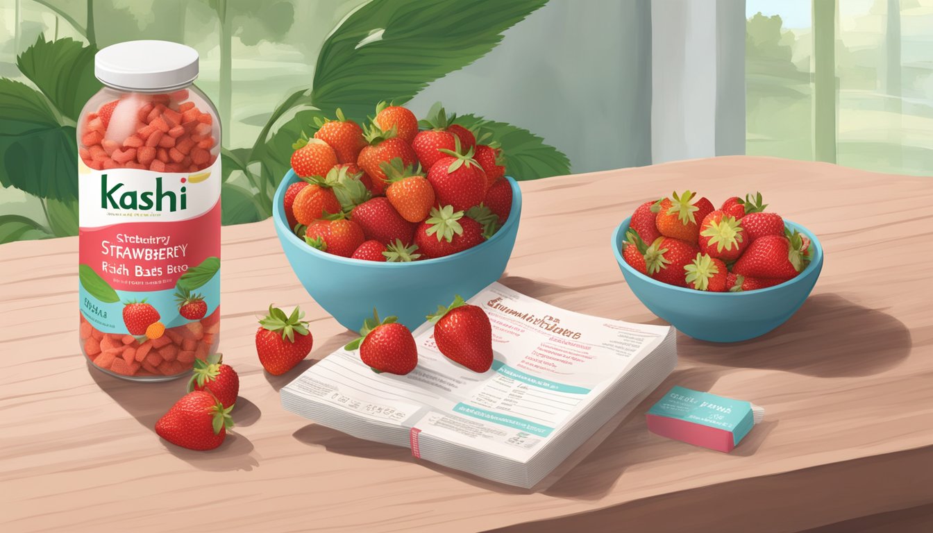 A table with a box of Kashi strawberry bars, surrounded by scattered nutritional facts and a bowl of fresh strawberries