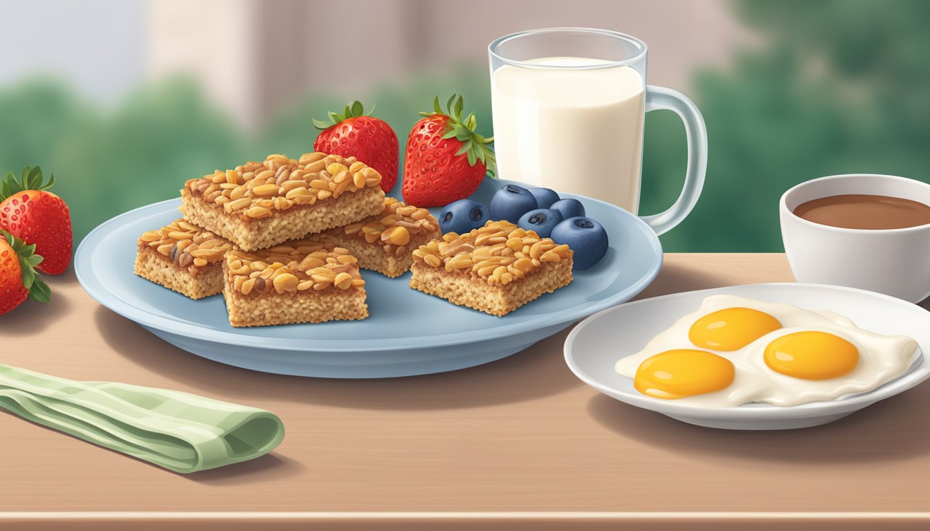 A table with a plate of Kellogg's Nutri-Grain Soft Baked Breakfast Bars, surrounded by fresh strawberries and a glass of milk