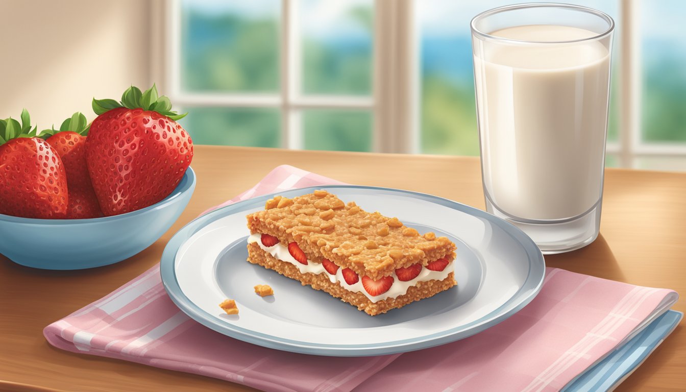 A table with a plate of Kellogg's Nutri-Grain Soft Baked Breakfast Bars Strawberry, accompanied by a glass of milk and a bowl of fresh strawberries