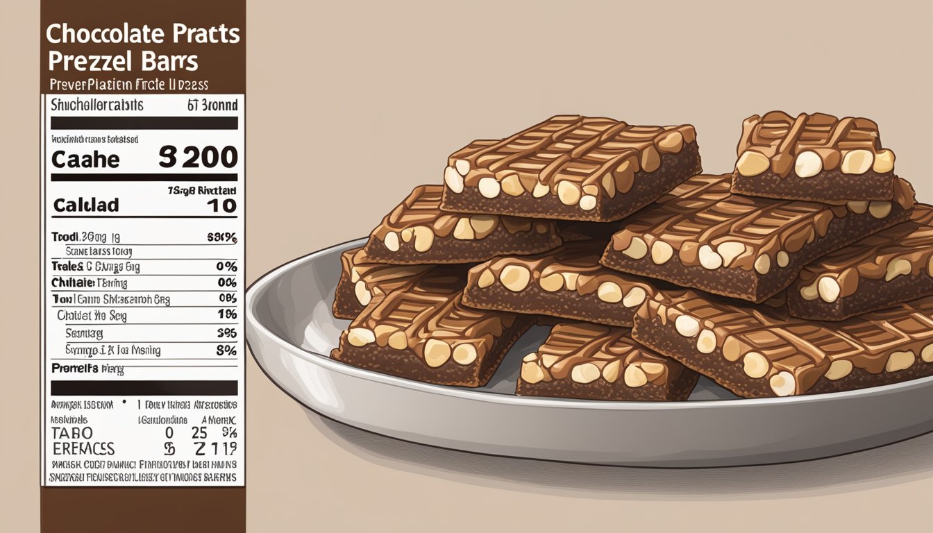 A plate of Chocolatey Pretzel Bars next to a nutritional facts label