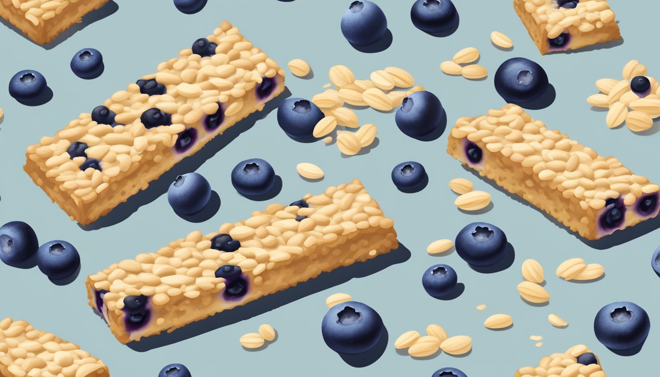 A blueberry streusel bar surrounded by scattered oats, blueberries, and a measuring tape