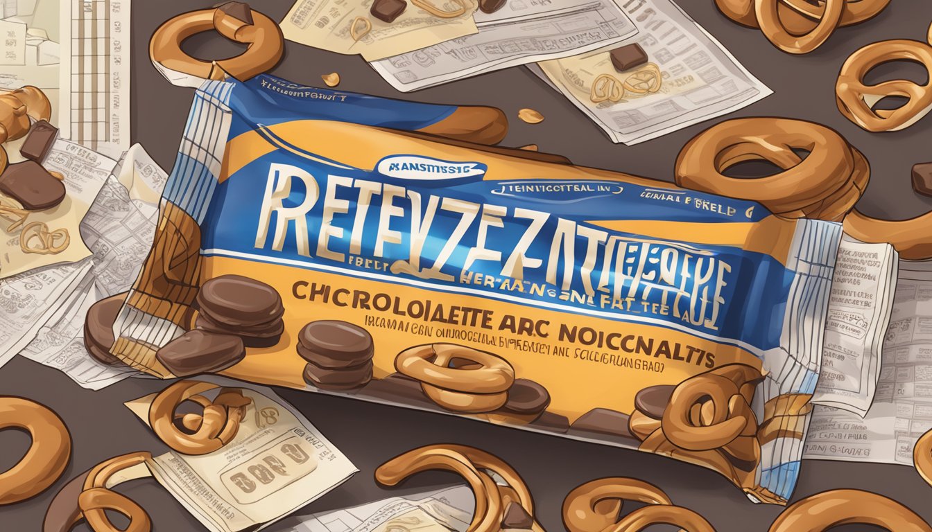 A close-up of a Fit and Active chocolatey pretzel bar surrounded by scattered nutritional facts