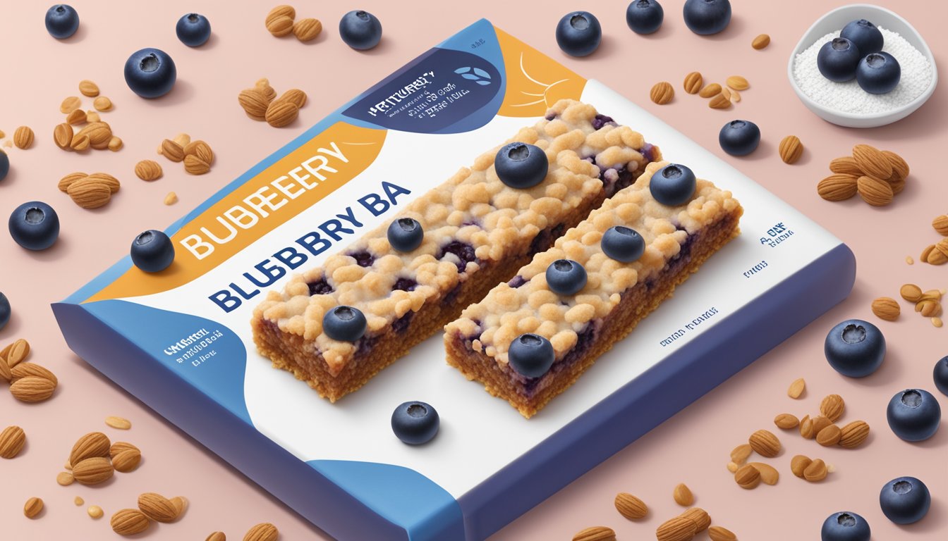 A close-up view of a blueberry streusel bar surrounded by scattered micro nutritional components like fiber, with the nutritional facts displayed nearby