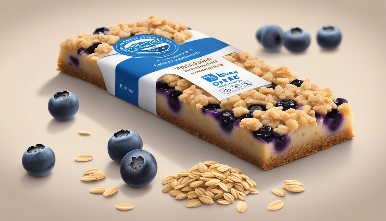 A pile of Fiber One blueberry streusel bars surrounded by scattered blueberries and oats, with the nutritional facts label visible