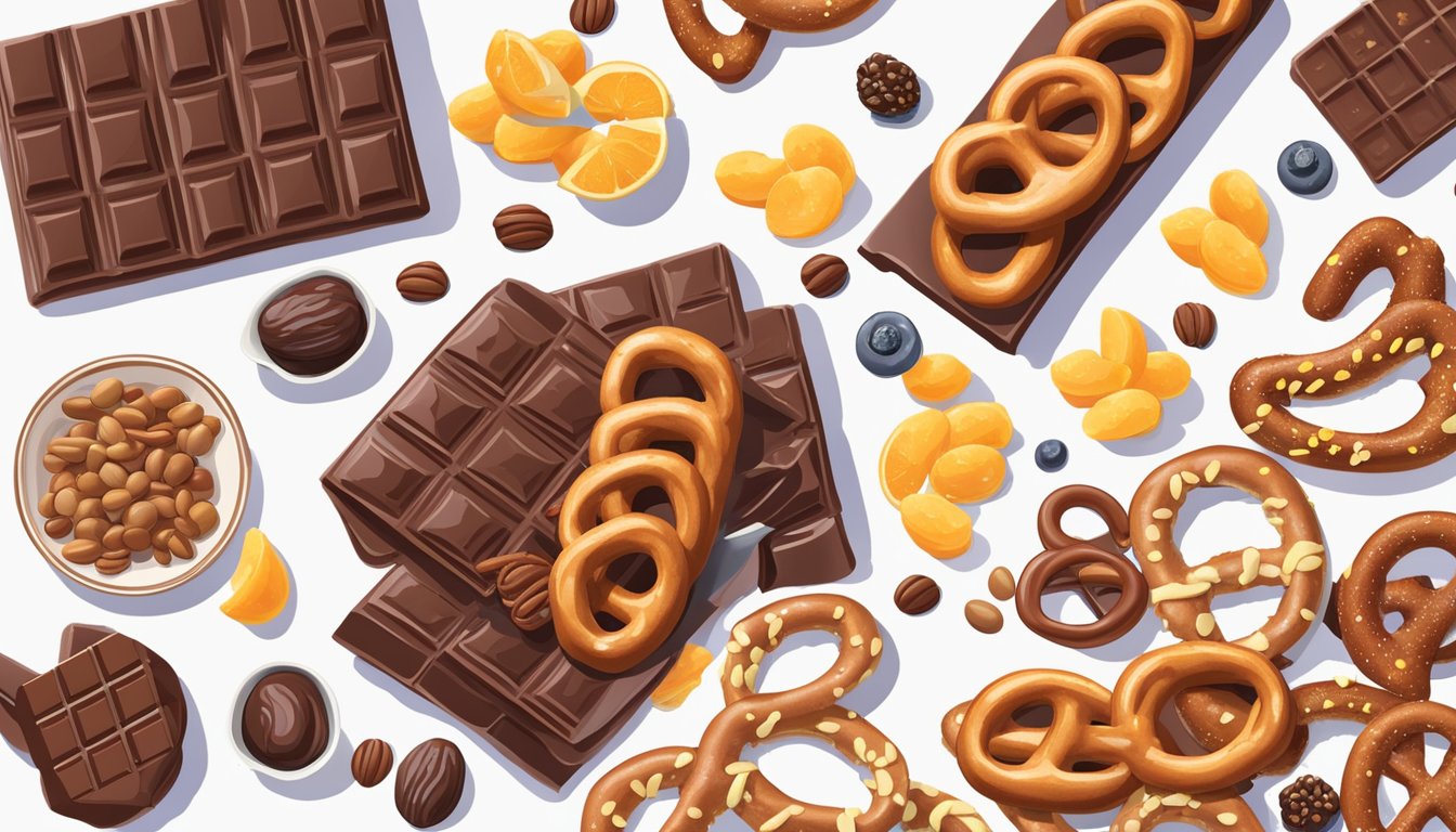 A chocolatey pretzel bar surrounded by various micronutrient-rich foods and ingredients