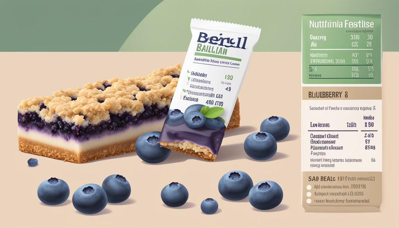 A blueberry streusel bar surrounded by scattered blueberries and a label with nutritional information