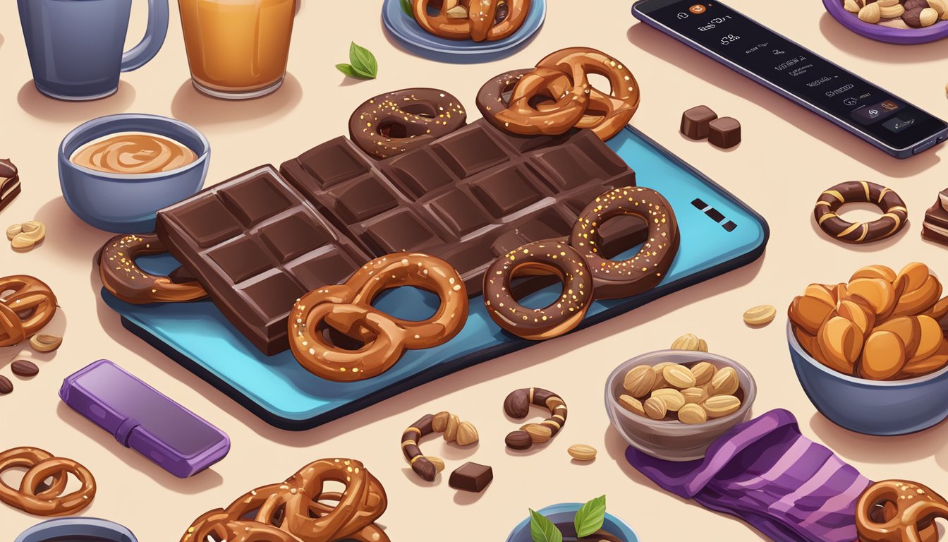 A chocolatey pretzel bar surrounded by various healthy foods and a fitness tracker