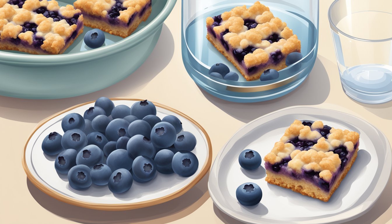 A table with a plate of Fiber One blueberry streusel bars, surrounded by fresh blueberries and a glass of water