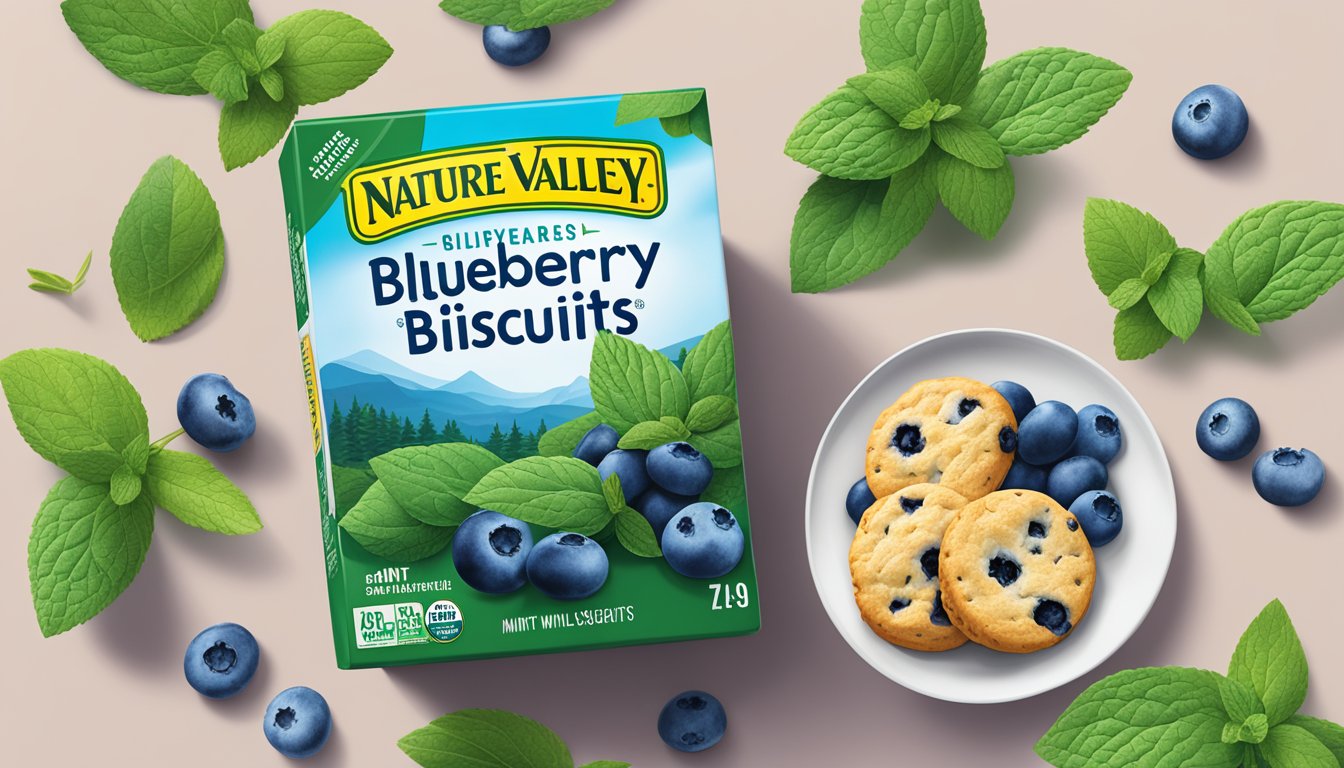 A table with a box of Nature Valley Blueberry Biscuits, surrounded by scattered blueberries and a sprig of fresh mint