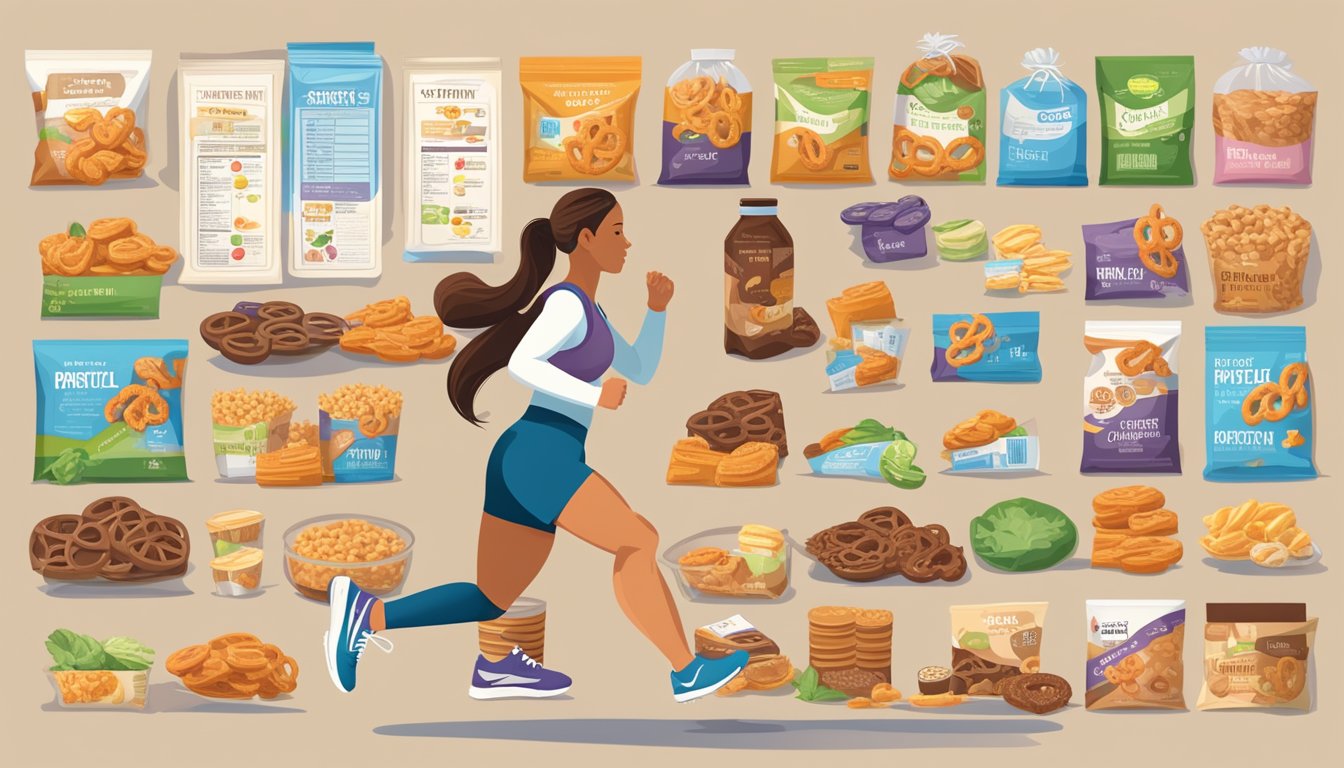 A woman jogging with a chocolatey pretzel bar in hand, surrounded by healthy food options and a nutrition label