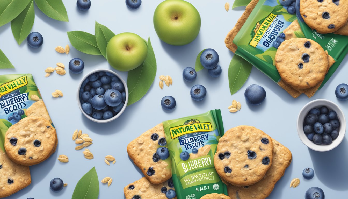 A table with a package of Nature Valley Blueberry Biscuits, surrounded by fresh blueberries and oats