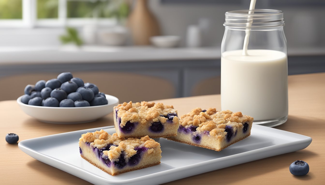 A table with a plate of Fiber One blueberry streusel bars, a glass of milk, and a nutritional facts label