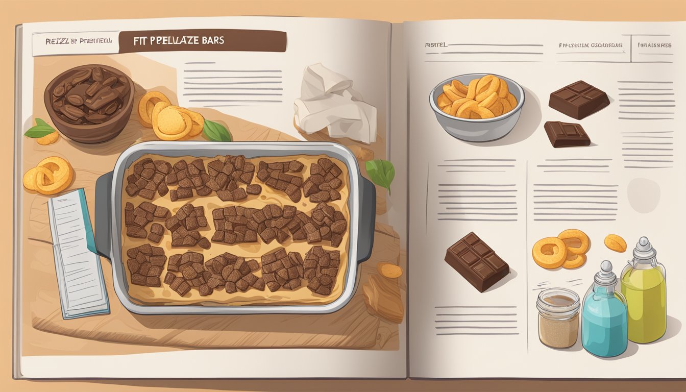 A kitchen counter with ingredients and a recipe book open to a page titled "Fit and Active Chocolatey Pretzel Bars."