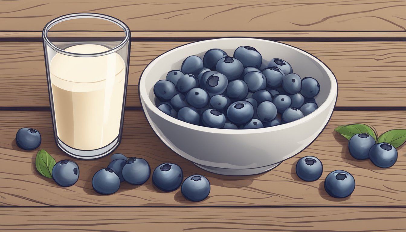 A bowl of fresh blueberries, whole grains, and a glass of milk on a wooden table