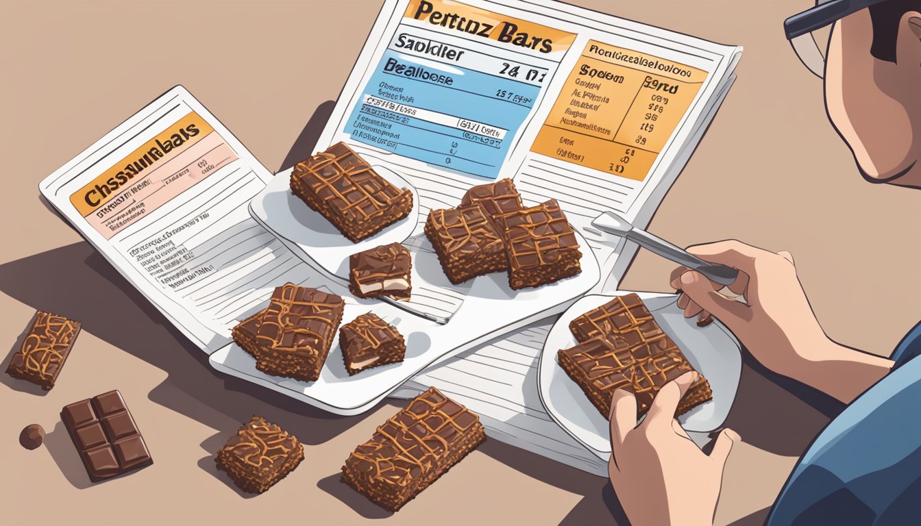 A table with a plate of chocolatey pretzel bars, a nutrition label, and a person analyzing consumer behavior