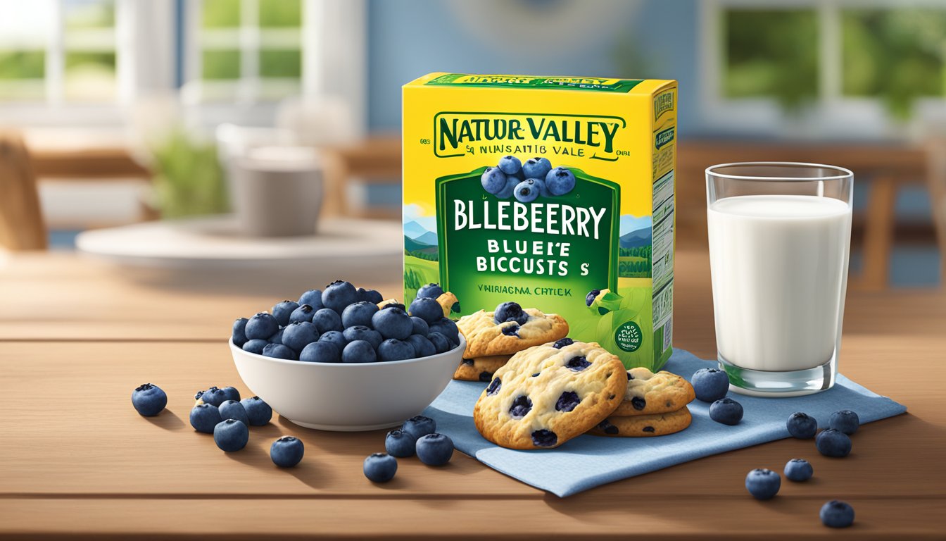 A package of Nature Valley Blueberry Biscuits surrounded by fresh blueberries and a glass of milk on a wooden table