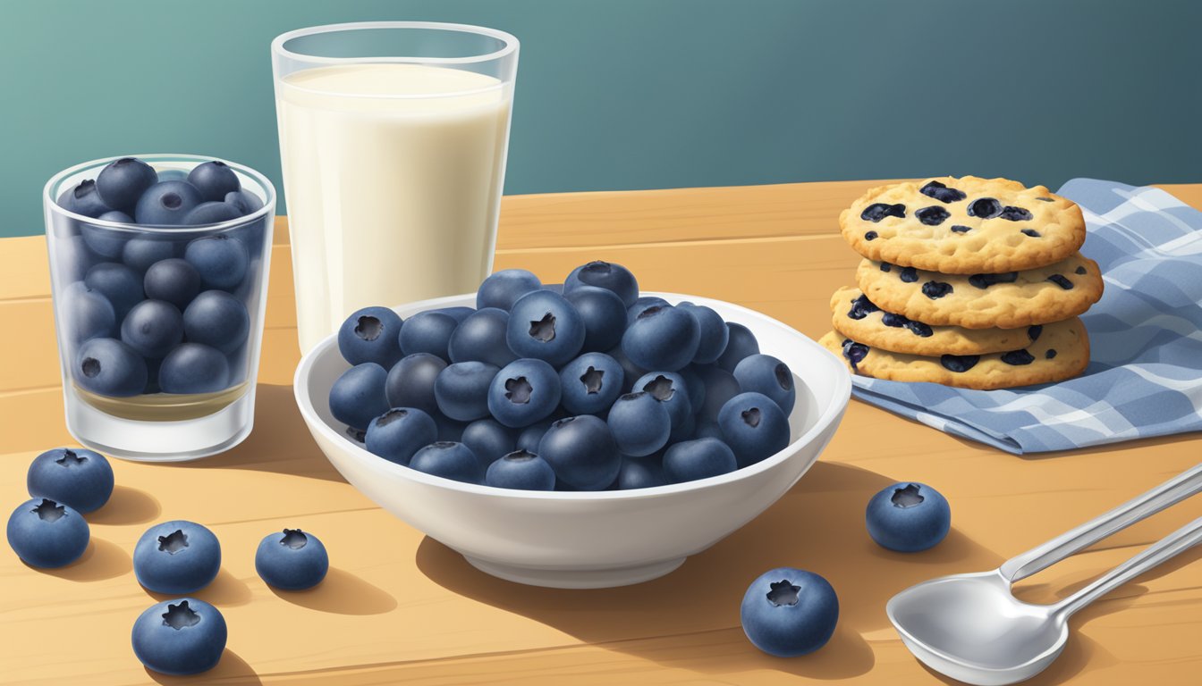 A bowl of fresh blueberries next to a stack of Nature Valley Blueberry Biscuits, with a glass of milk in the background