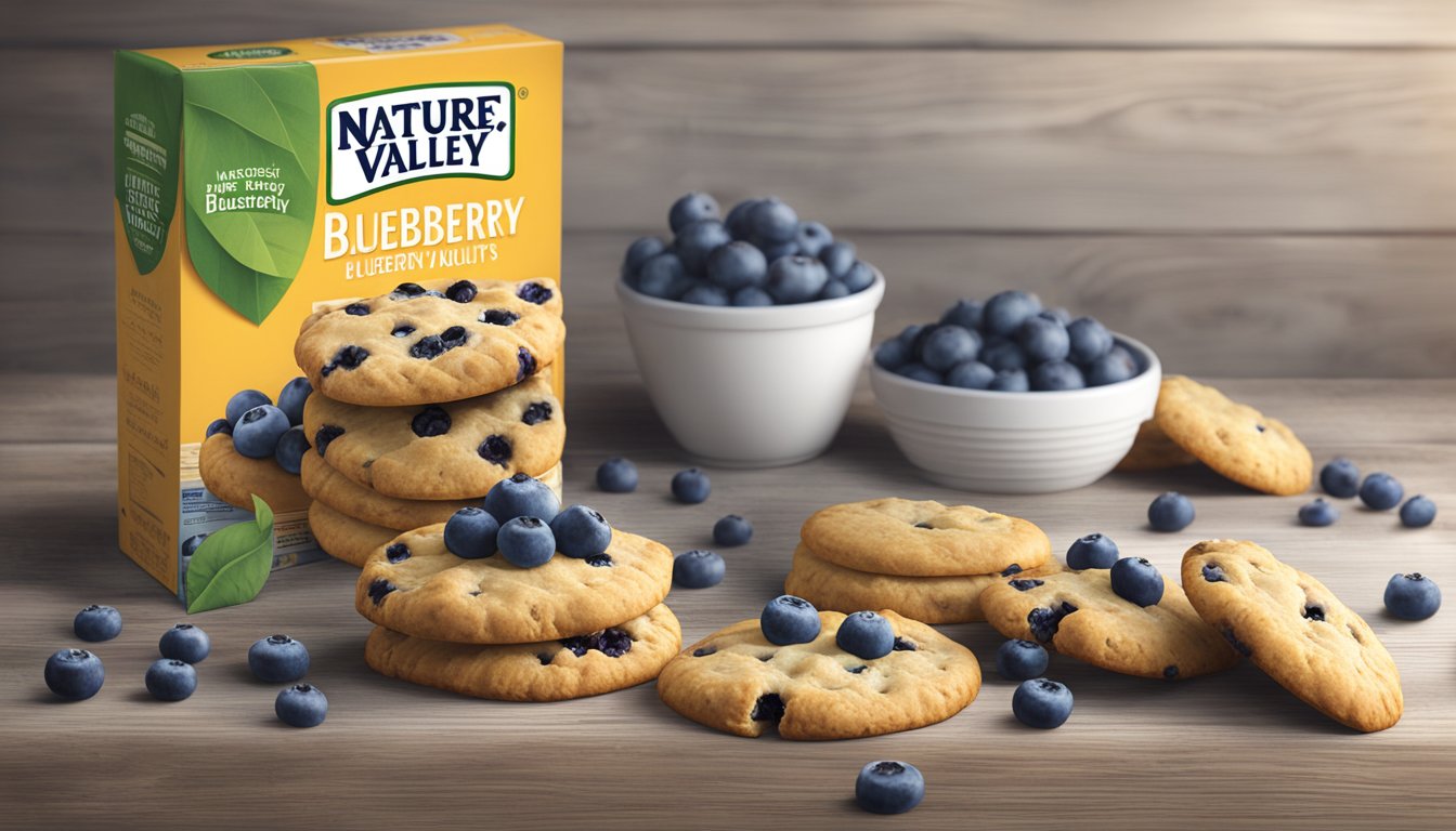 A table with a box of Nature Valley Blueberry Biscuits, surrounded by scattered blueberries and a rustic wooden background