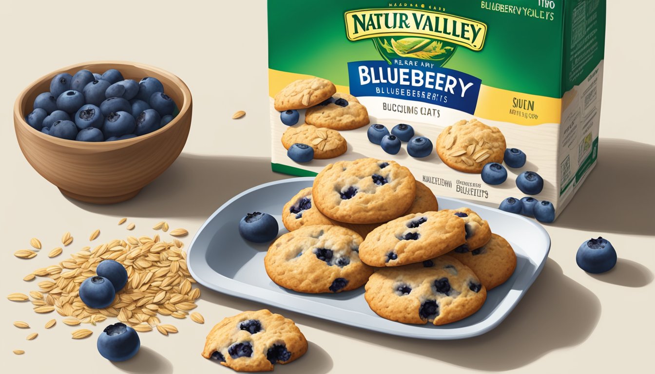 A table with a box of Nature Valley Blueberry Biscuits, surrounded by scattered blueberries and a measuring cup filled with oats