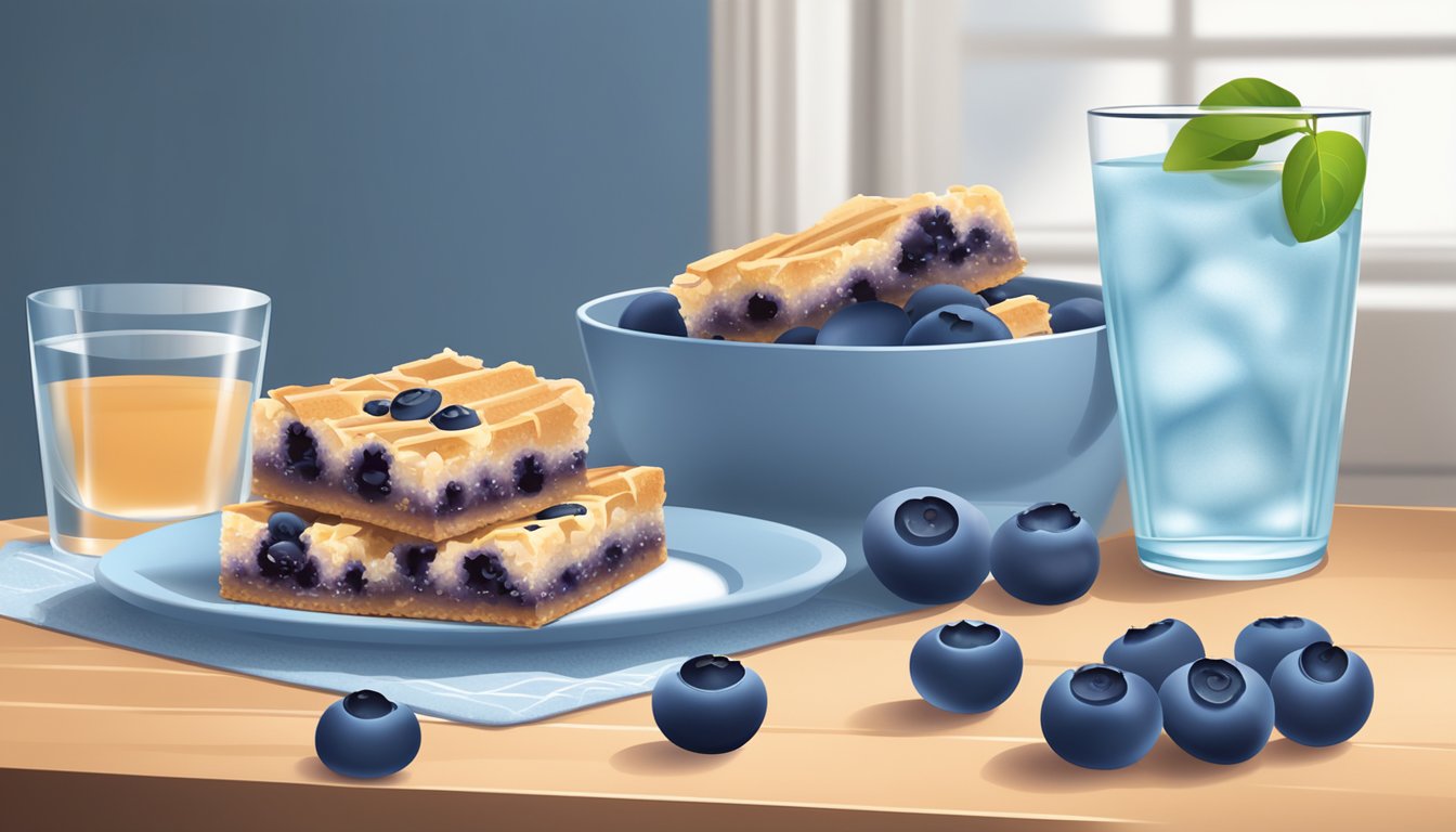 A table with a plate of fit and active blueberry bars, surrounded by fresh blueberries and a glass of water