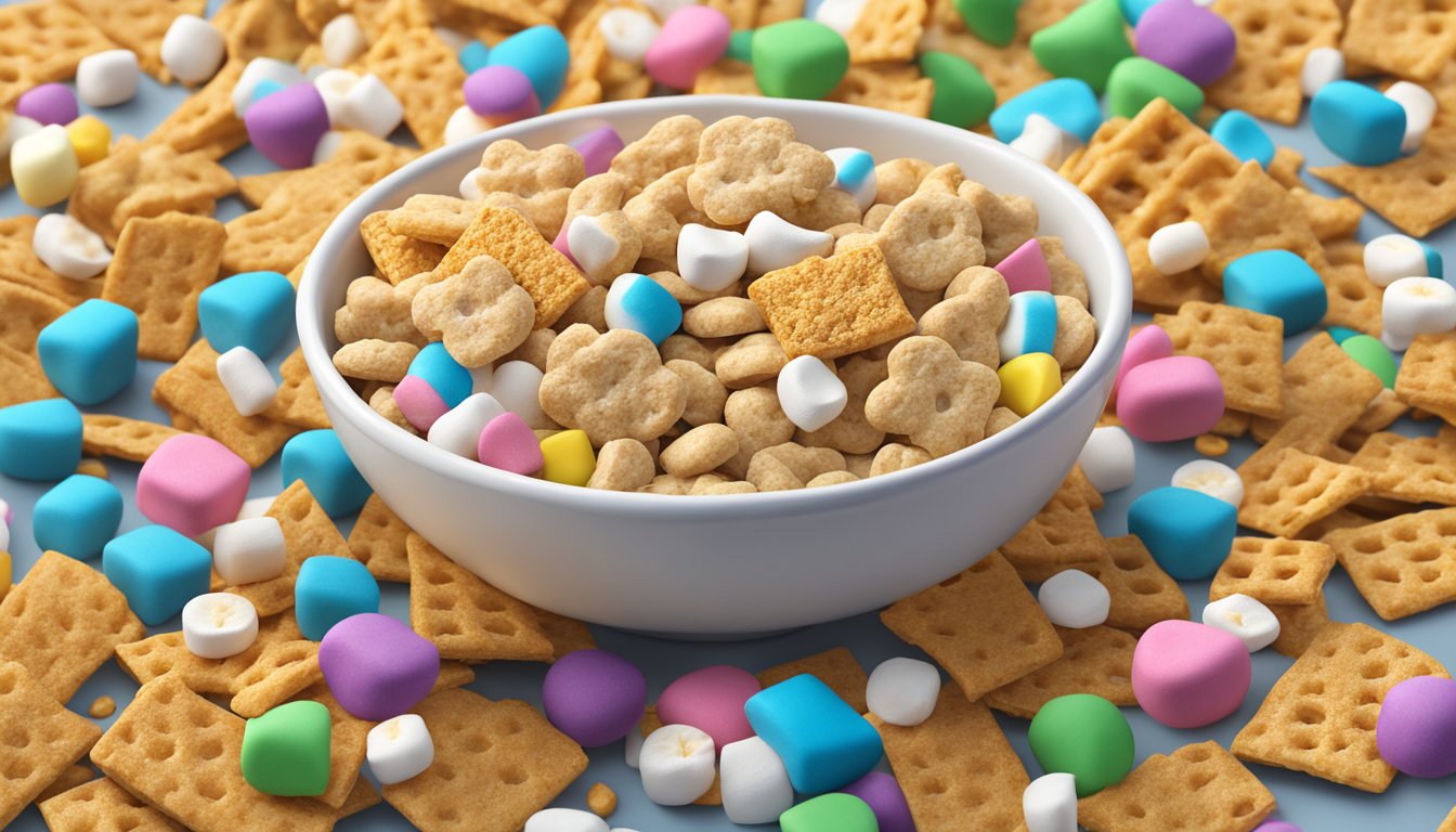 A bowl of Golden Grahams and Lucky Charms cereal bars surrounded by scattered marshmallows and cereal pieces