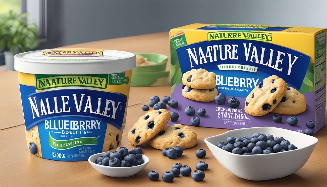 A table with a box of Nature Valley Blueberry Biscuits, surrounded by scattered blueberries and a nutrition label