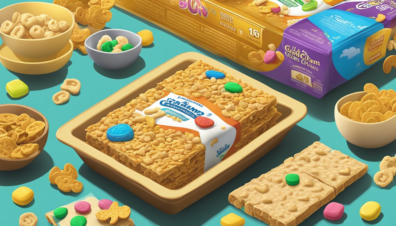 A colorful array of Golden Grahams and Lucky Charms cereal bars, surrounded by their respective nutritional profiles