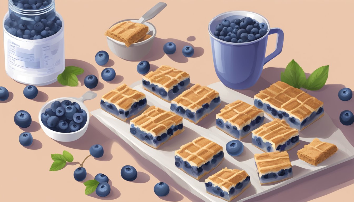 A table with a box of Fit and Active blueberry bars, surrounded by scattered blueberries and a measuring cup