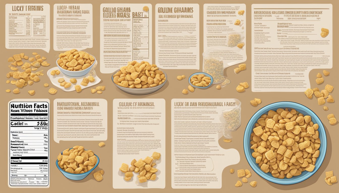 A bowl of Golden Grahams and Lucky Charms cereal bars surrounded by the nutritional facts labels