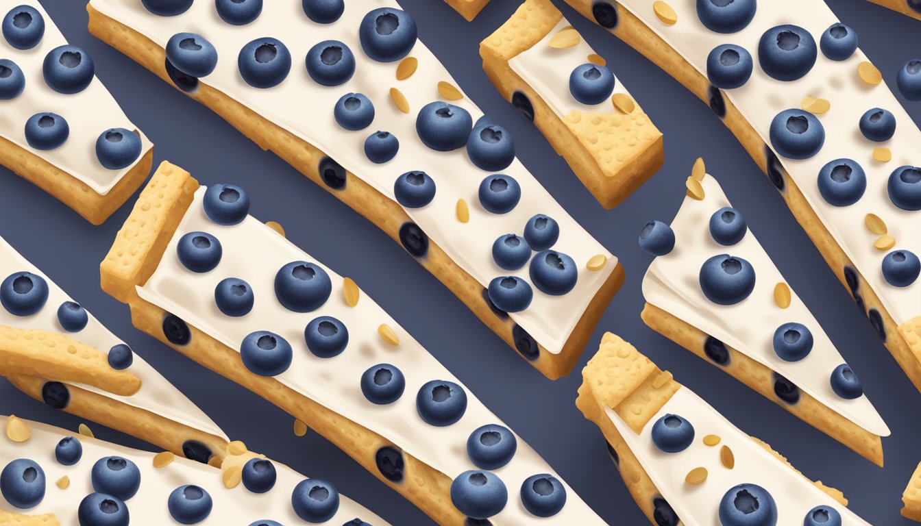 A stack of Fit and Active blueberry bars surrounded by scattered blueberries and a measuring tape