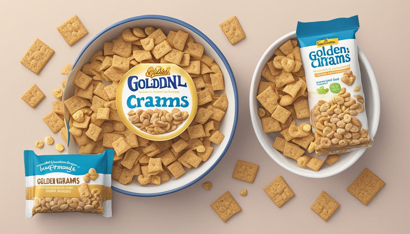 A bowl of Golden Grahams and Lucky Charms cereal bars with their nutritional facts displayed next to them