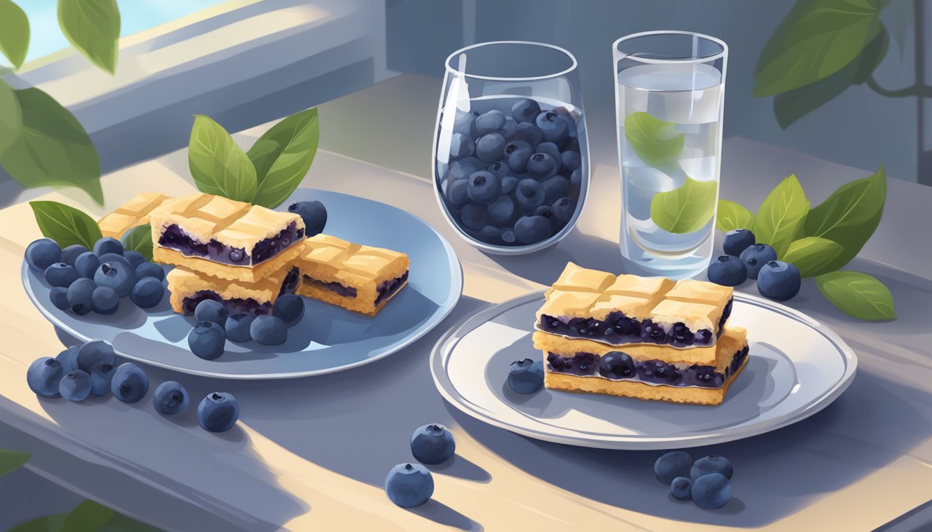 A table with a plate of blueberry bars, surrounded by fresh blueberries and a glass of water