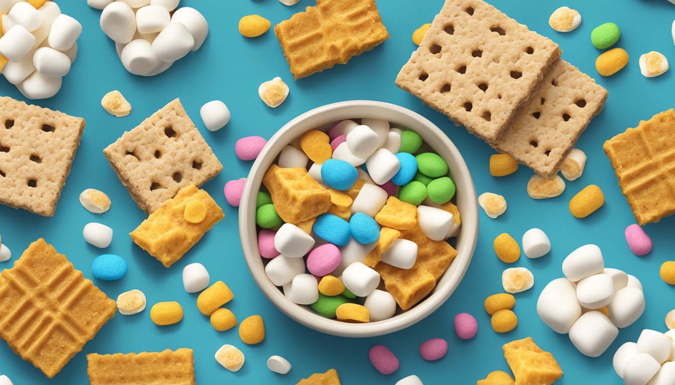 A bowl of Golden Grahams and Lucky Charms cereal bars surrounded by scattered marshmallows and cereal pieces