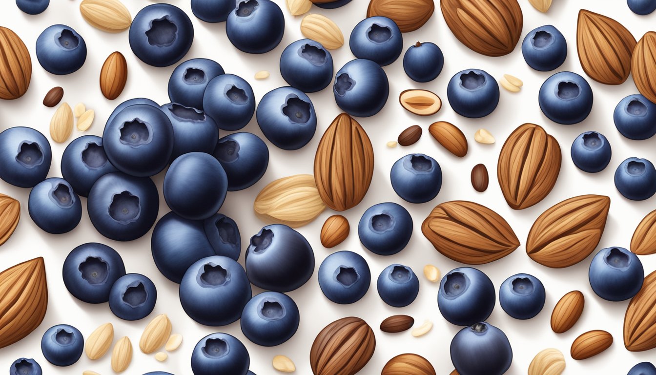 A colorful array of fresh blueberries, oats, and nuts laid out on a clean, white surface for a nutrient analysis