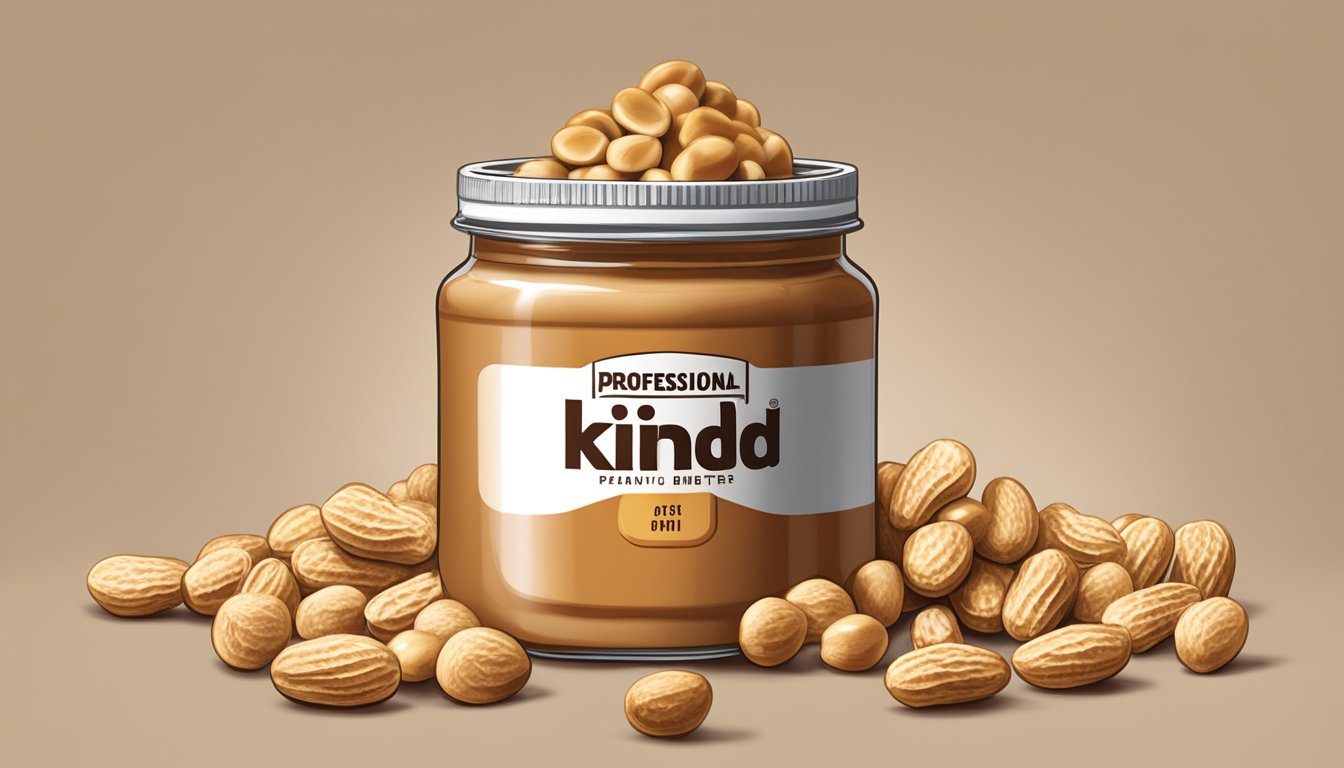 A jar of KIND Energy Peanut Butter surrounded by peanuts and a spoon