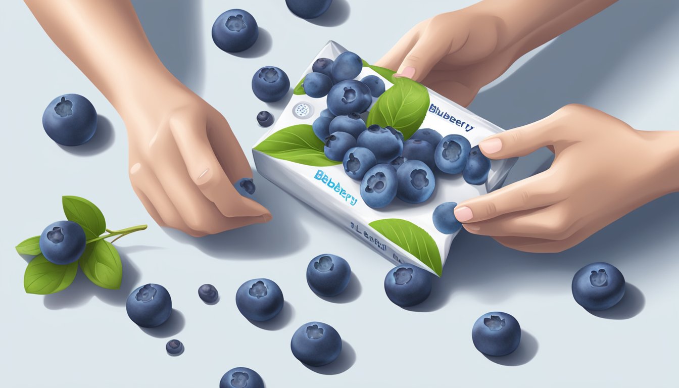 A fit and active person unwraps a blueberry bar, surrounded by fresh blueberries and a glass of water