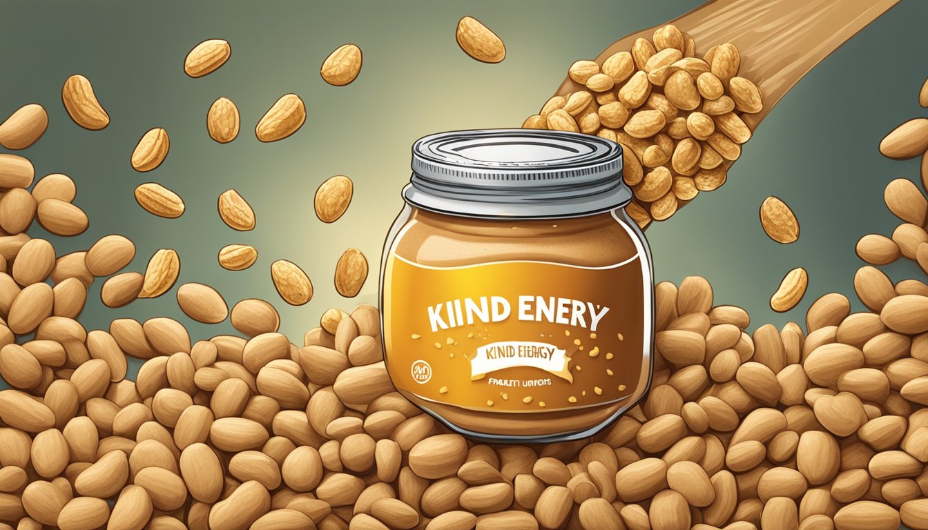 A jar of KIND Energy Peanut Butter surrounded by peanuts, oats, and honey. A glowing halo of energy surrounds the jar