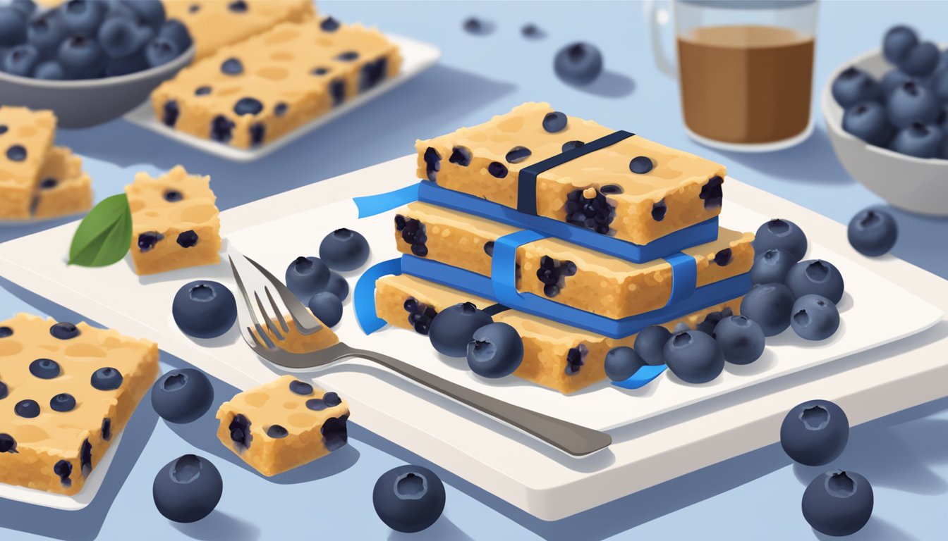 A table with a plate of fit and active blueberry bars, surrounded by scattered blueberries and a measuring tape