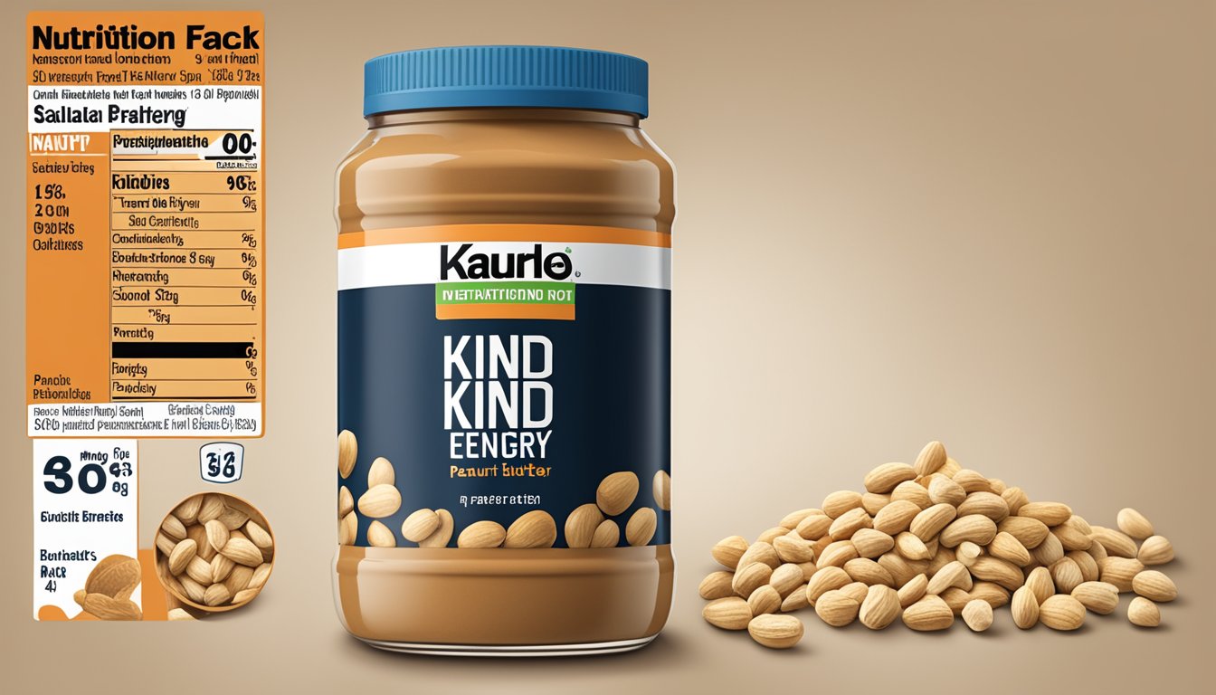 A jar of KIND Energy Peanut Butter surrounded by peanuts and oats, with a nutrition label next to it