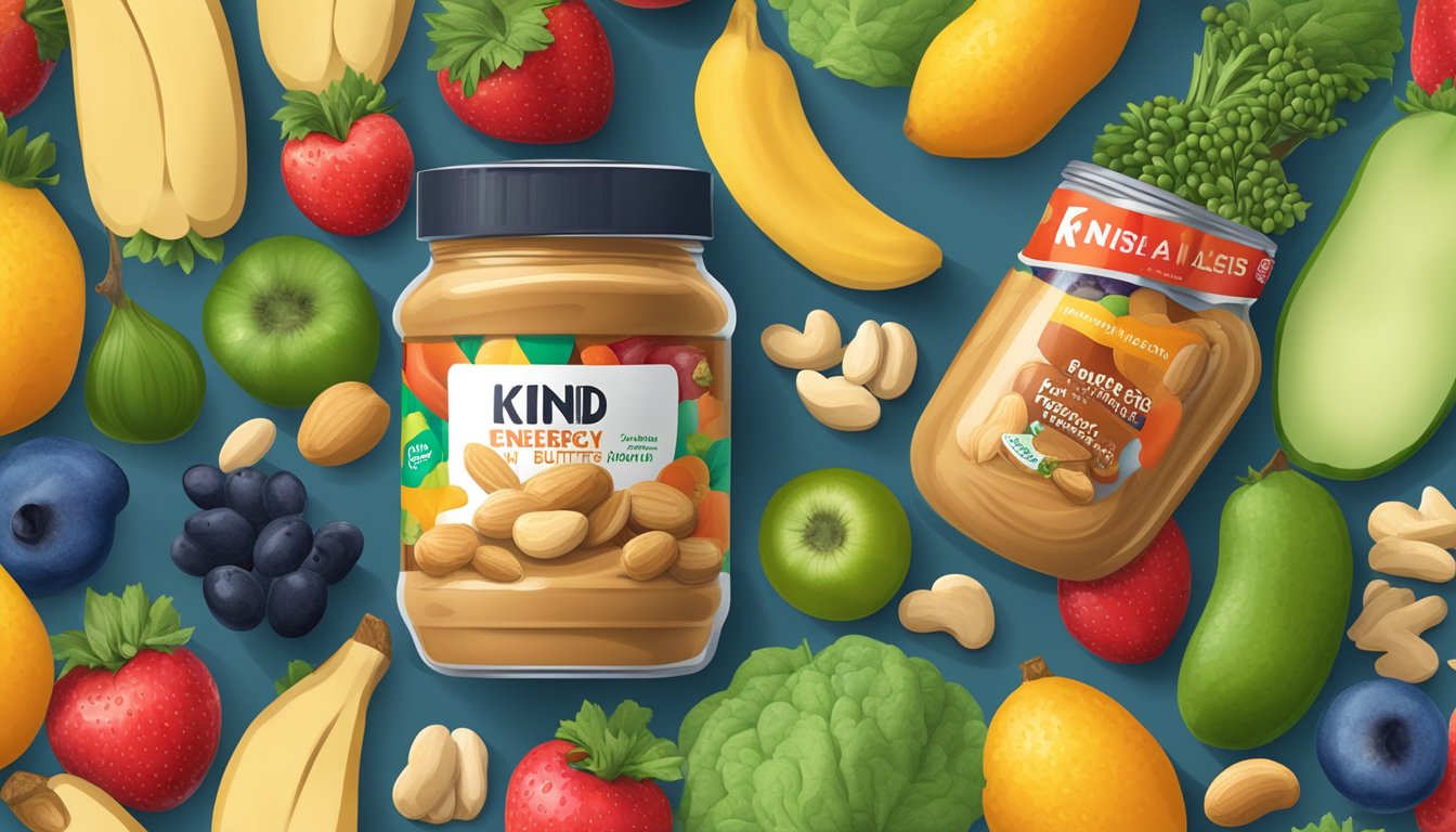 A jar of KIND Energy Peanut Butter surrounded by fresh peanuts and a variety of colorful fruits and vegetables