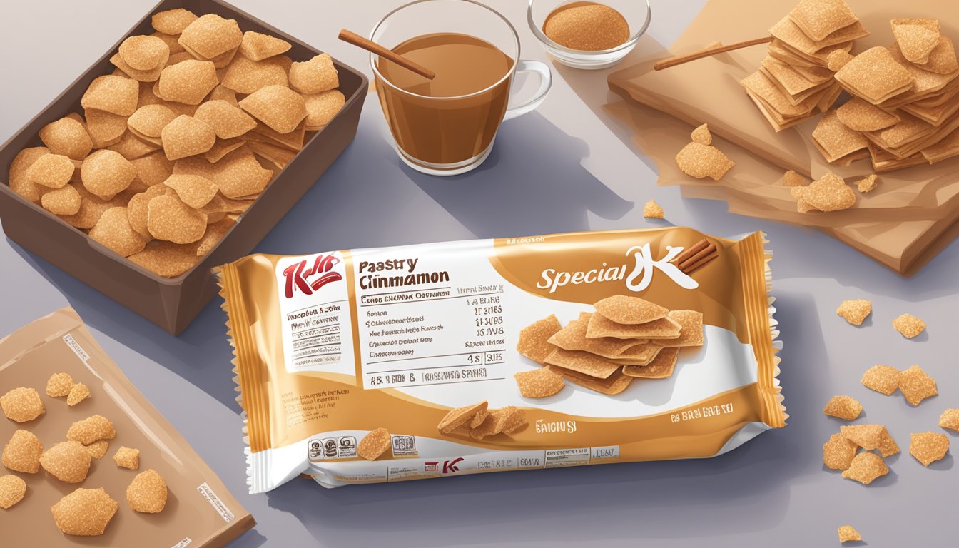 A table with a box of Special K Pastry Crisps and scattered brown sugar and cinnamon, alongside a nutrition label