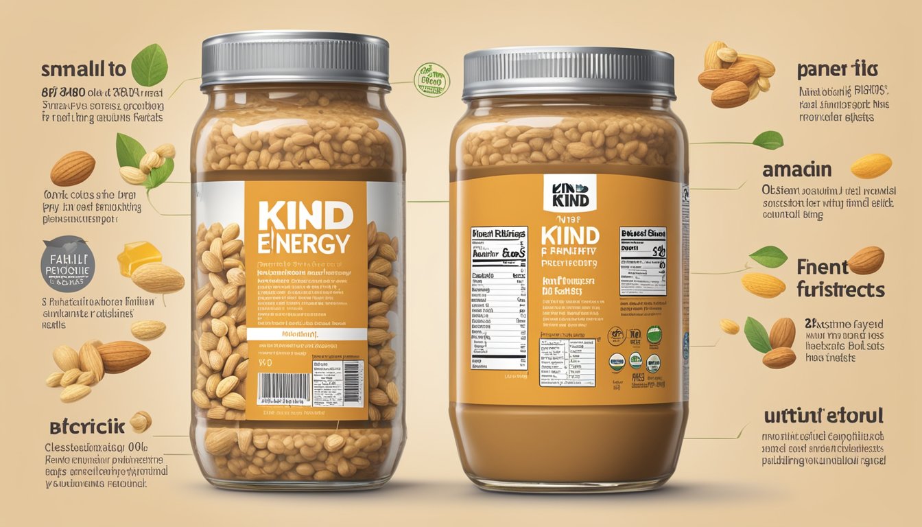 A jar of KIND Energy Peanut Butter surrounded by ingredients like peanuts, honey, and oats, with a clear view of the nutritional facts label