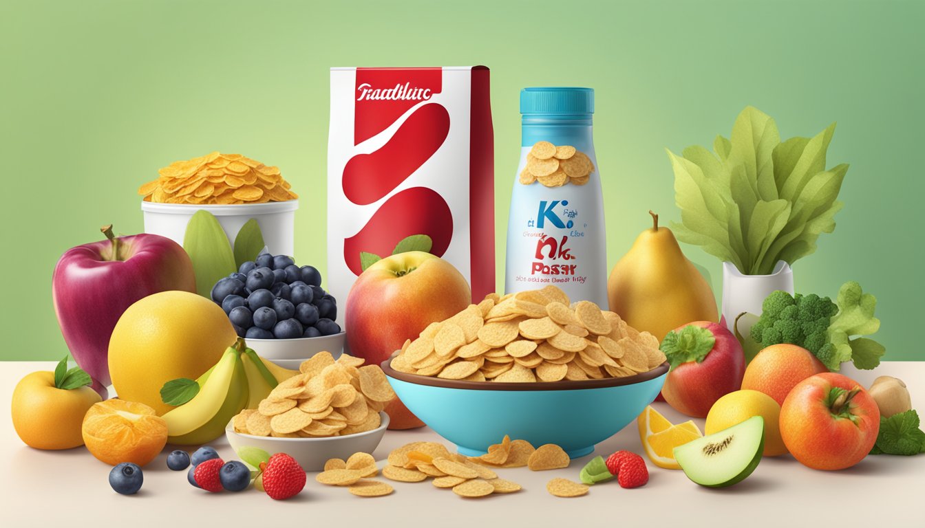 A table with a box of Special K Pastry Crisps, surrounded by various fruits and vegetables