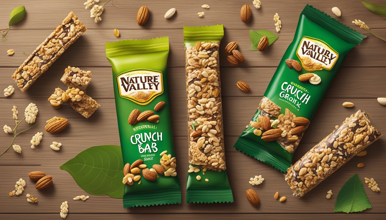 A variety of Nature Valley Crunchy Granola Bars arranged on a wooden table with scattered oats and nuts, surrounded by natural elements like leaves and twigs